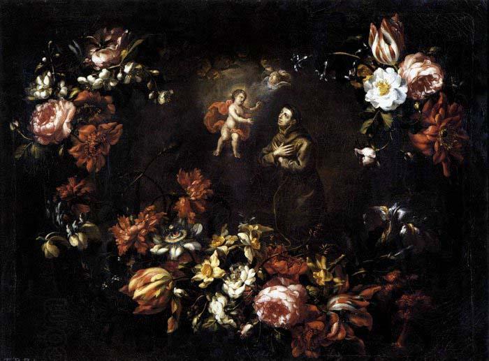 unknow artist Garland of Flowers with St Anthony of Padua China oil painting art